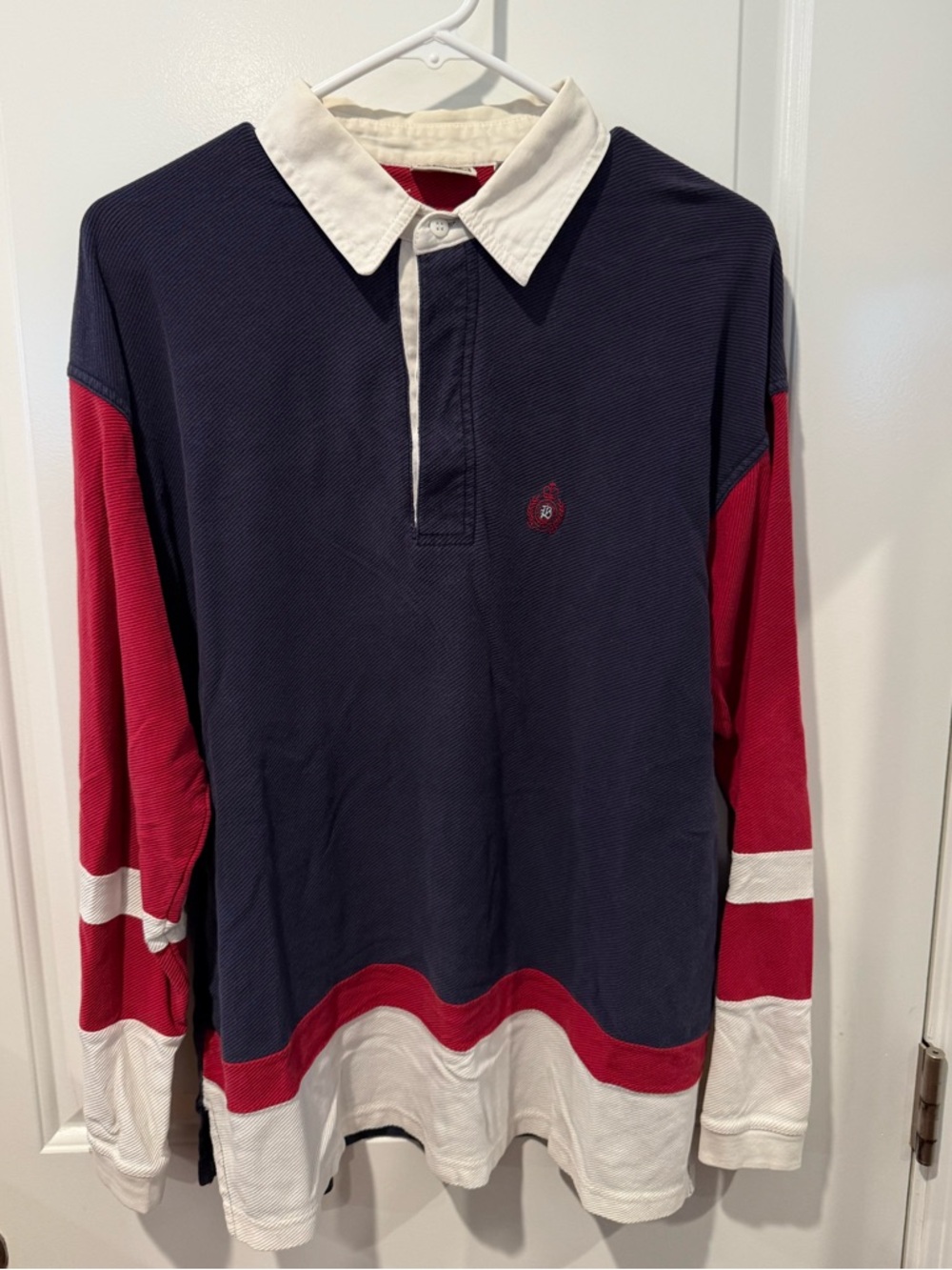 Vintage 90’s Bugle Boy Navy, Red and White Colorblock Rugby Shirt - Picture 2 of 6